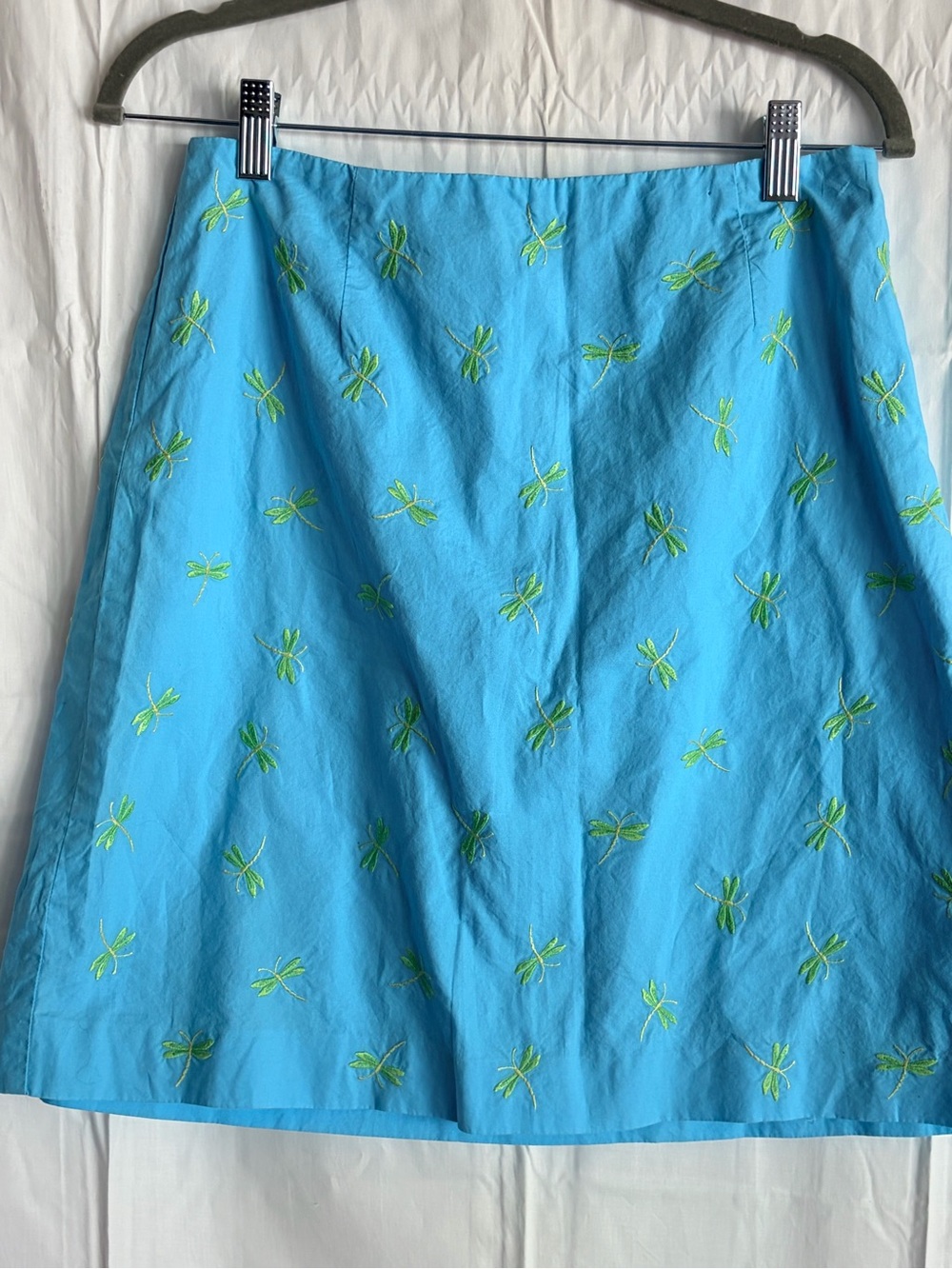 Talbots Bright Blue A-Line Skirt with Green Embroidery